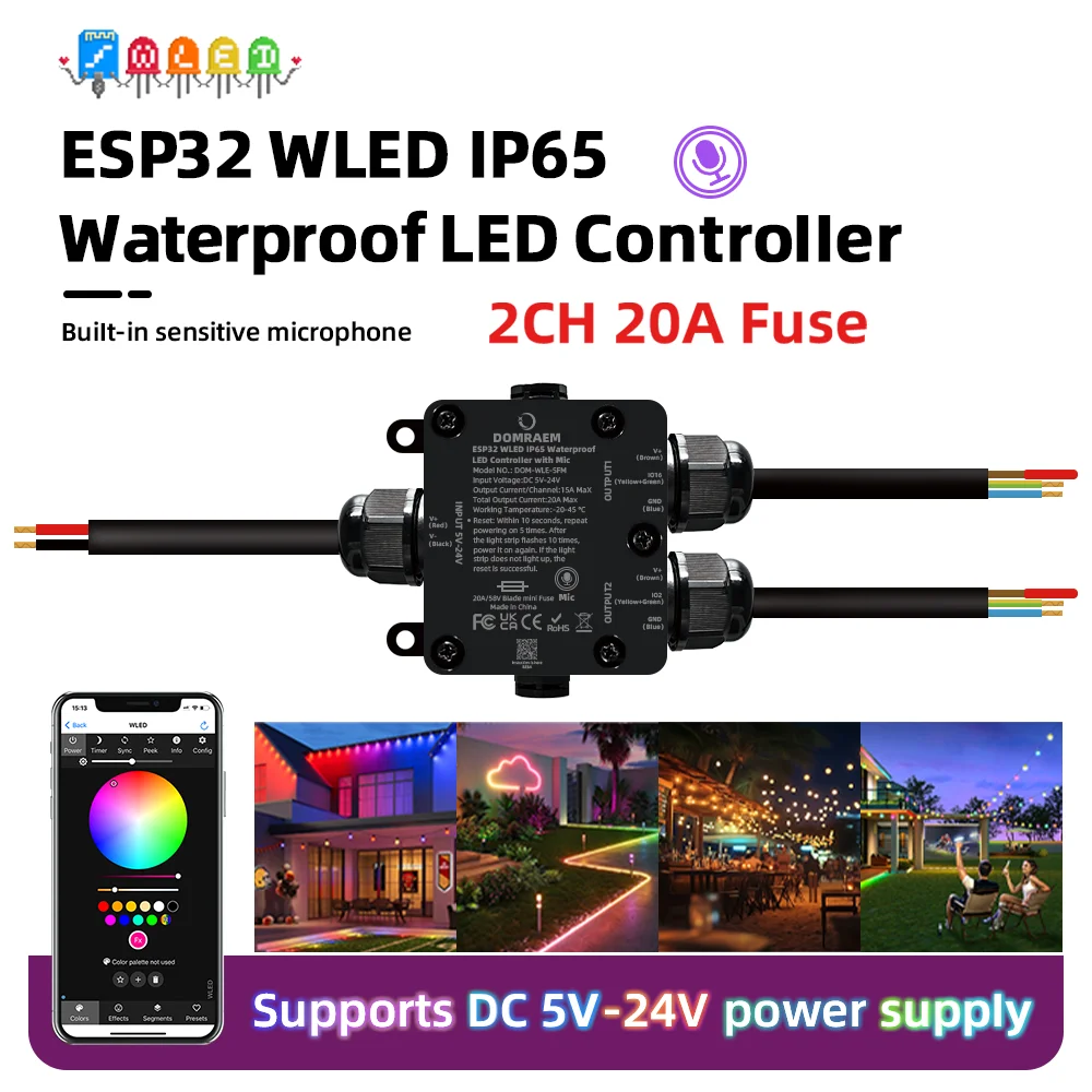 DOMRAEM ESP32 IP65 Waterproof WLED LED Controller for Outdoor Use with 20A Fuse Music Sync 2CH Supports Digital WS281X SK6812DIY