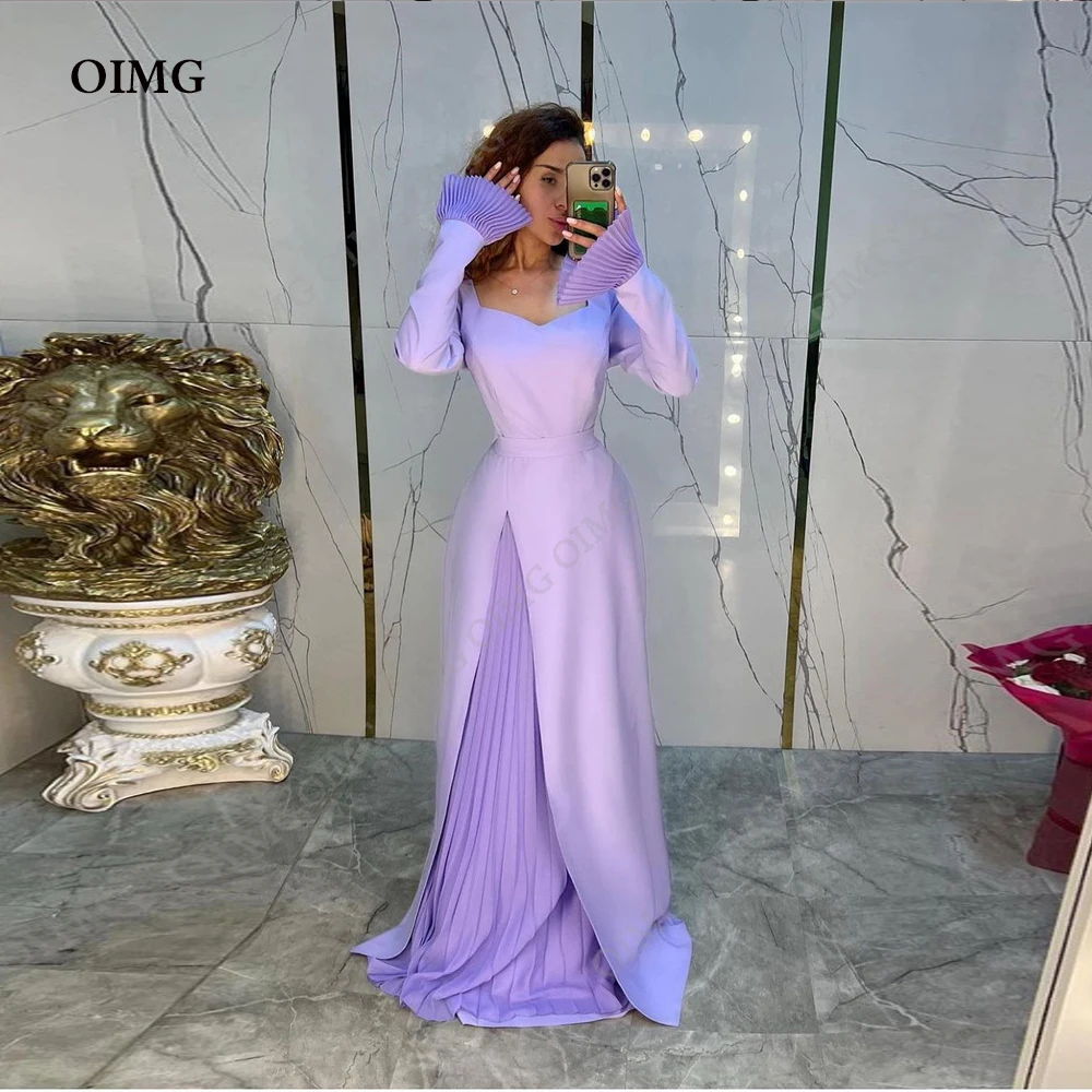 

OIMG 2023 A Line Satin Lavender Purple Prom Dresses Full Sleeves Floor Length Party Formal Gowns Homecoming Dress Vestidos