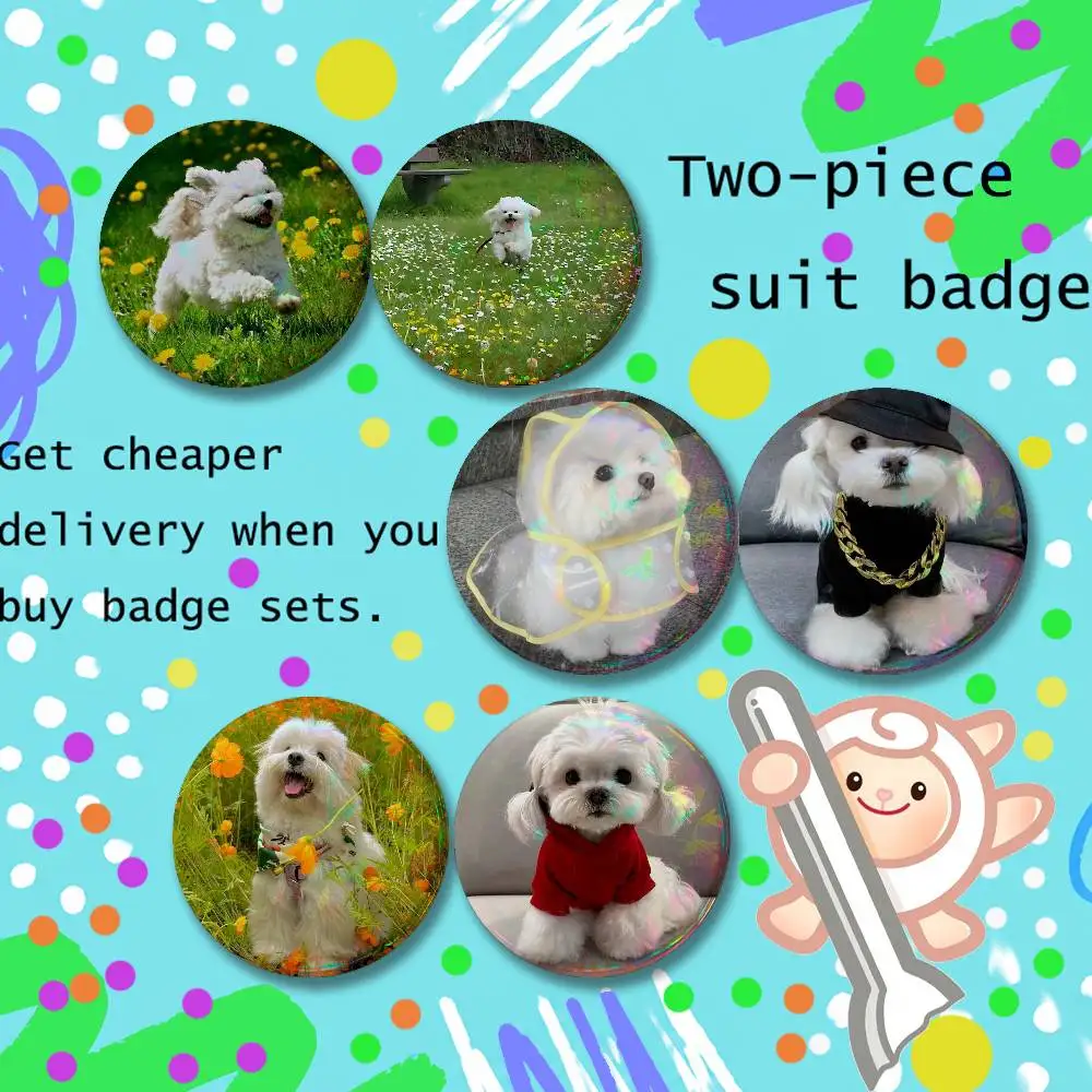 Maltese Dog Puppy Cute A 2-piece set Pins Backpack Clothes Jewelry Accessories Cartoon Round Brooch Button Badge Gifts