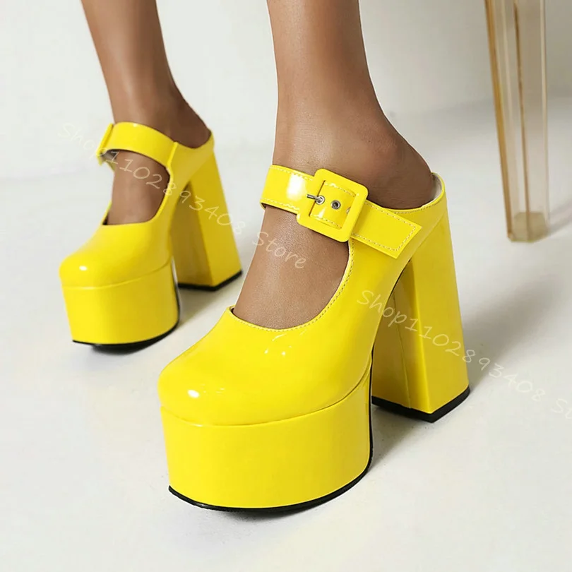 

Yellow Platform Belt Buckle Pumps Slingback Shallow Patent Leather Chunky Heels Women Summer Mary Jane Shoes Zapatos Para Mujere