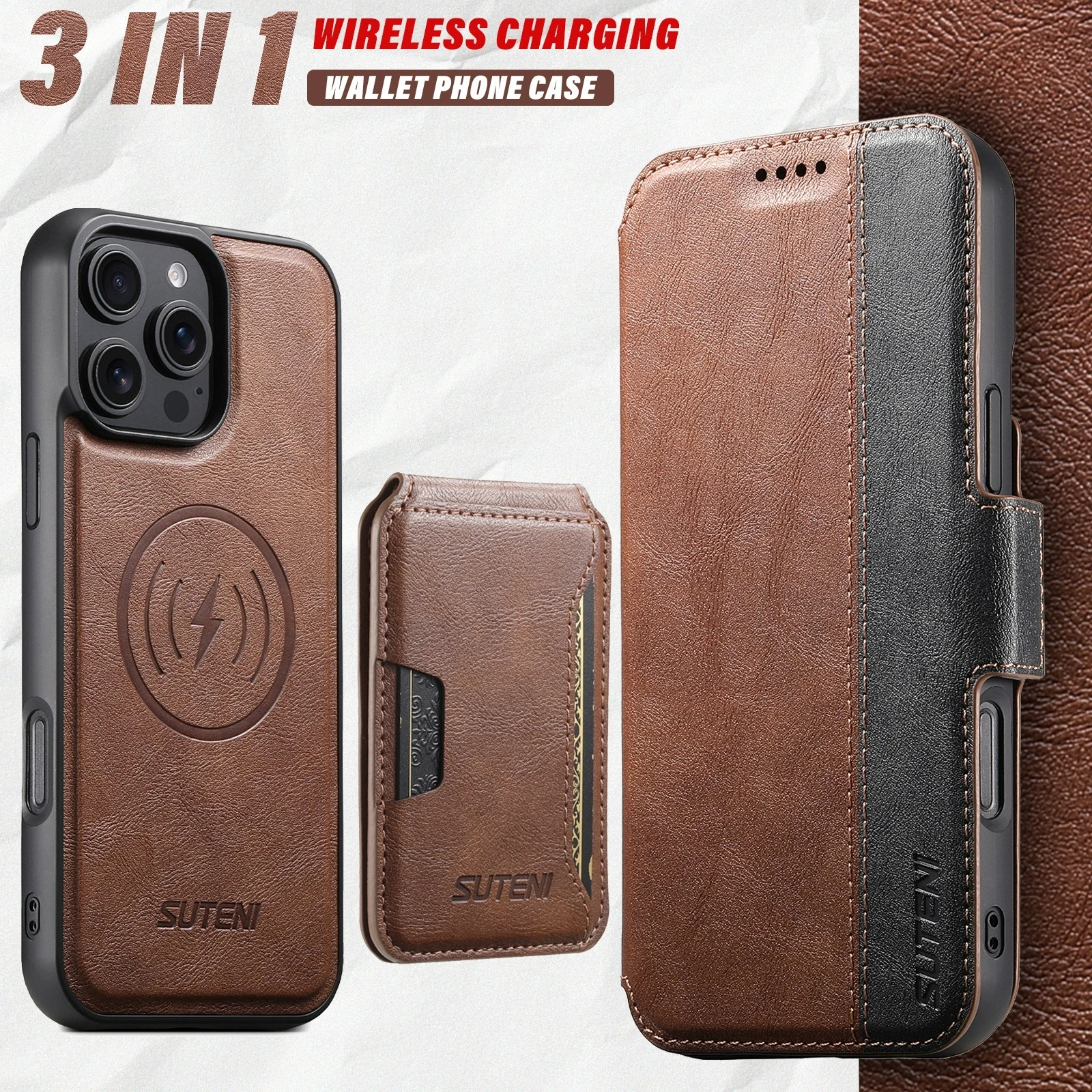

3 IN 1 Flip Wallet Magsafe Leather Case For IPhone 12 13 14 15 16 17 Pro Max Plus Cards Pocket Detachable Magnetic Phone Cover