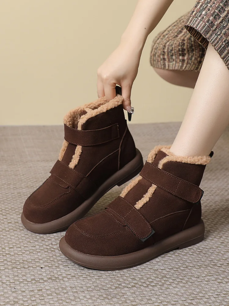 Snow Boots Women Cow Suede Furry Solid Color Round Toe Hook & Loop Flat With Winter Lasies Shoes Handmade