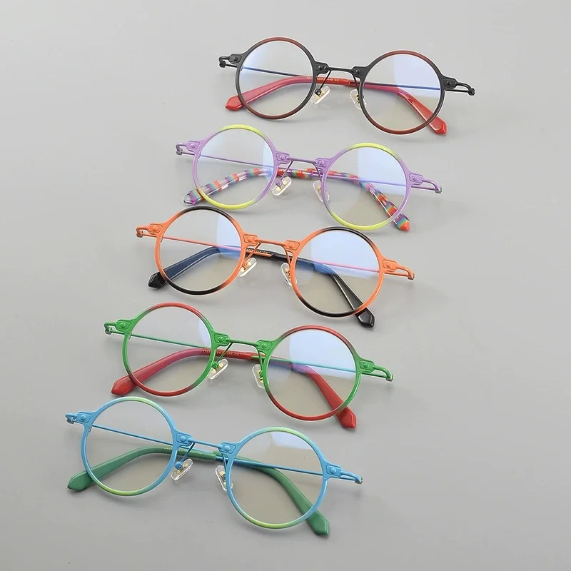 Belight البصرية شكل دائري اليدوية الملونة الجمع بين اللون التيتانيوم خمر النظارات الرجعية الإطار وصفة طبية عدسة TT072