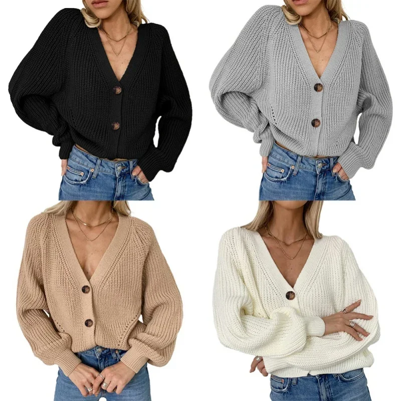 Women's V-Neck Long Sleeve Thin Top Slim Sweet Casual Multi-Color Knit Jacket Cardigan With Buttons All-Match Office Lady