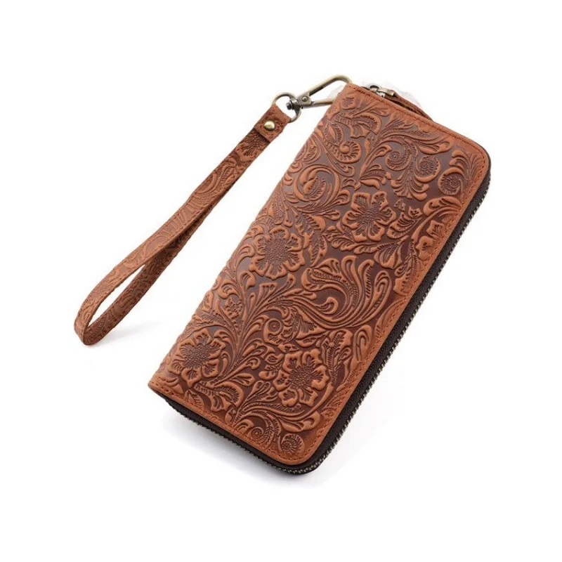 Exquisite Crazy Horse Leather Long Wallet Embossed Pattern Unisex Clutch Bag for Cash & Card Men Genuine Leather Zipper Wallet