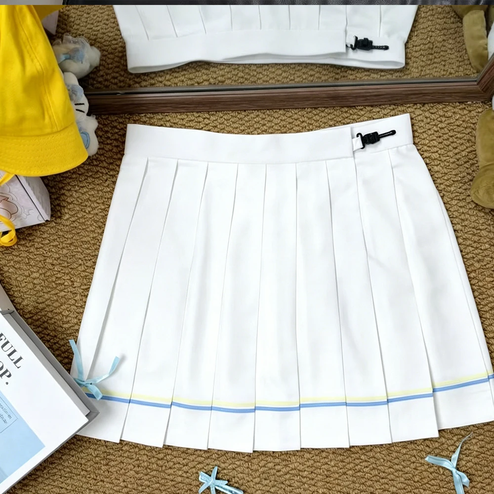Original Japanese Cute Jk Uniform Women's Sweet Cartoon Print Navy Yellow Short Sleeve Shirt Folded Skirt Two Piece Set Summer image 4