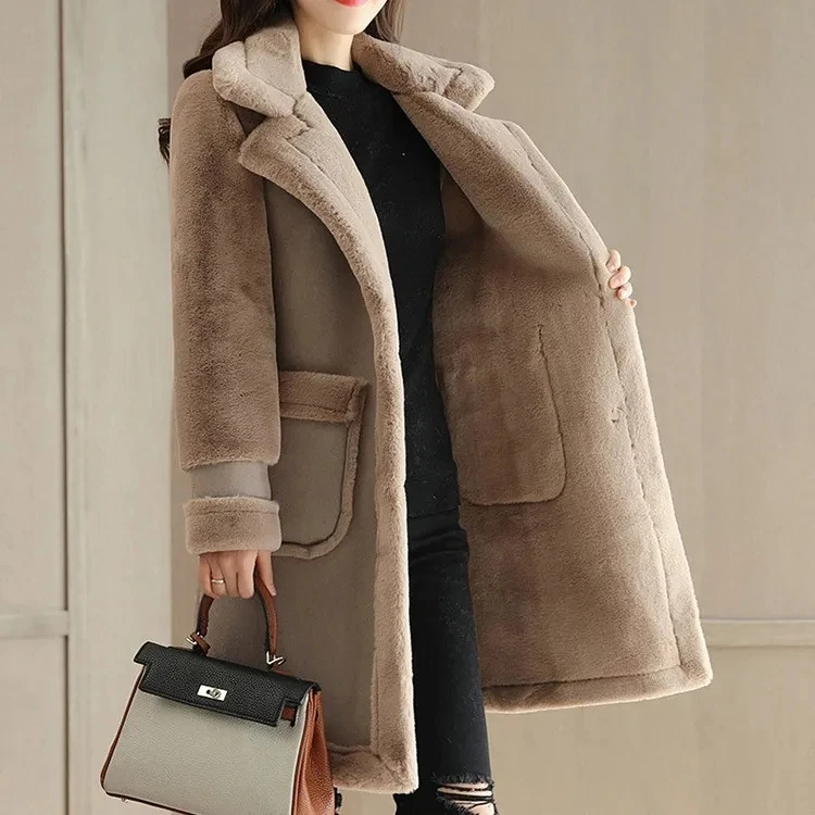 Lamb Wool Coat Women\'s Mid-length Jacket 2024 Winter Wear Plus Velvet Loose Coat Deerskin Frosted Fleece Fur Splicing Fur Coat