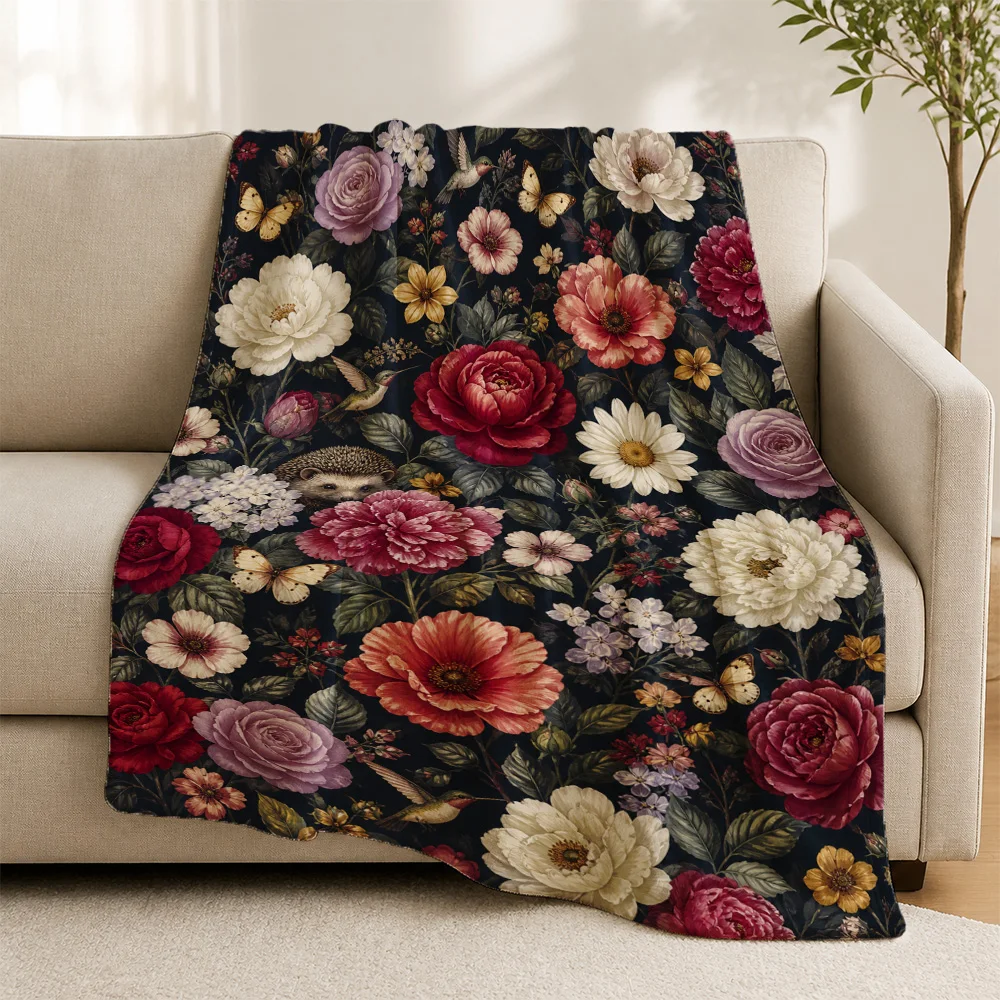 Luxurious Floral Print Throw Blanket for Sofa Couch Living Room Home Decor Cozy Botanical Pattern Chunky Knit Throw