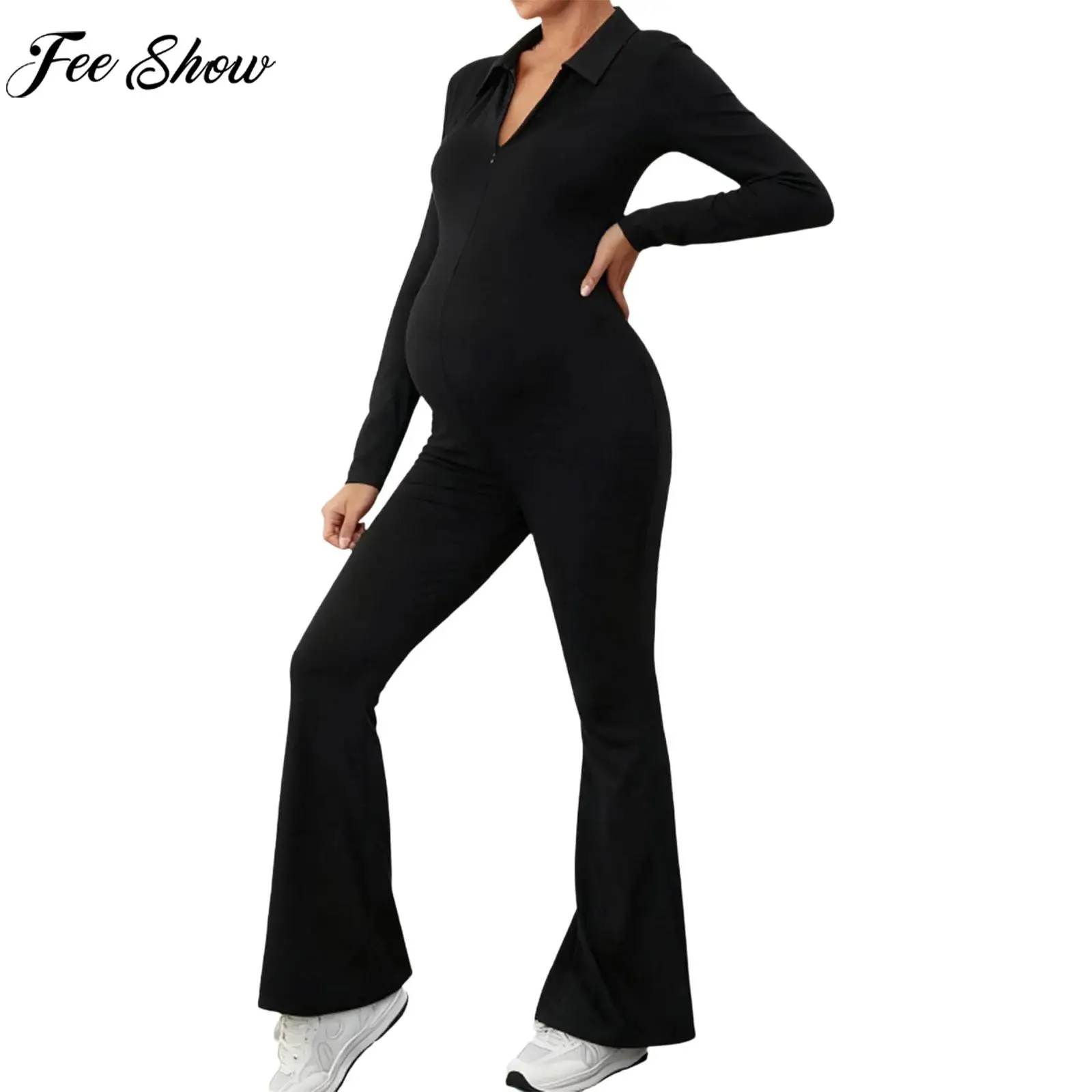 

Модный облегающий расклешенный комбинезон для беременных женщин, комбинезон на молнии с длинными рукавами, повседневная офисная одежда для тренировок