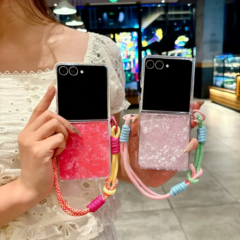 그라데이션 물결무늬 컬러풀 랜야드 폰케이스 (삼성 갤럭시 Z 플립 7 6 5 4 3 슬림 하드쉘 손목 스트랩 보호 커버)