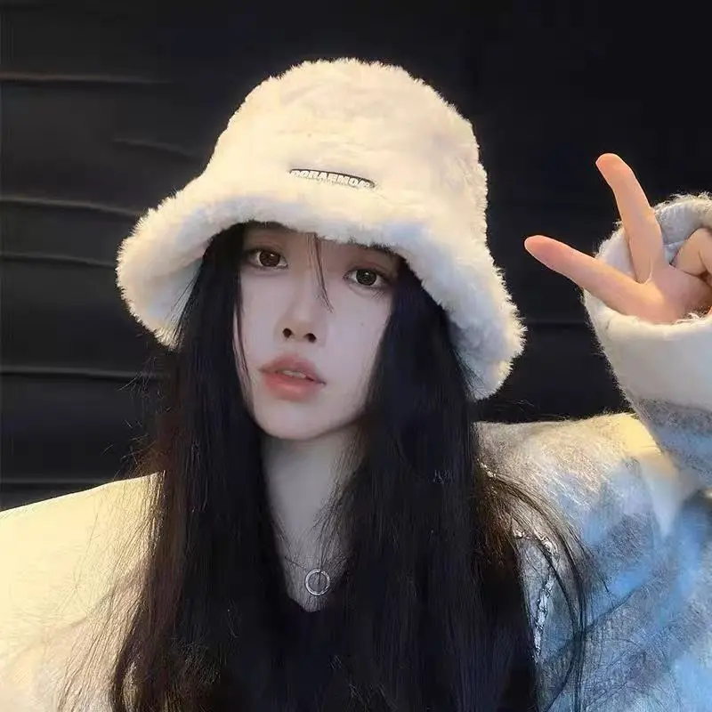 Winter Warm Thick Fluffy Sherpa Bucket Hat Women Japanese Style Face Slimming Versatile Autumn Casual Daily Gift