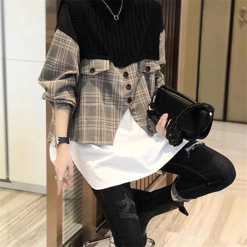 Women Korean Fashion Plaid Patchwork Oversized Asymmetrical Blouses Y2K Female Casual Streetwear Long Sleeve Fake Two Piece Tops