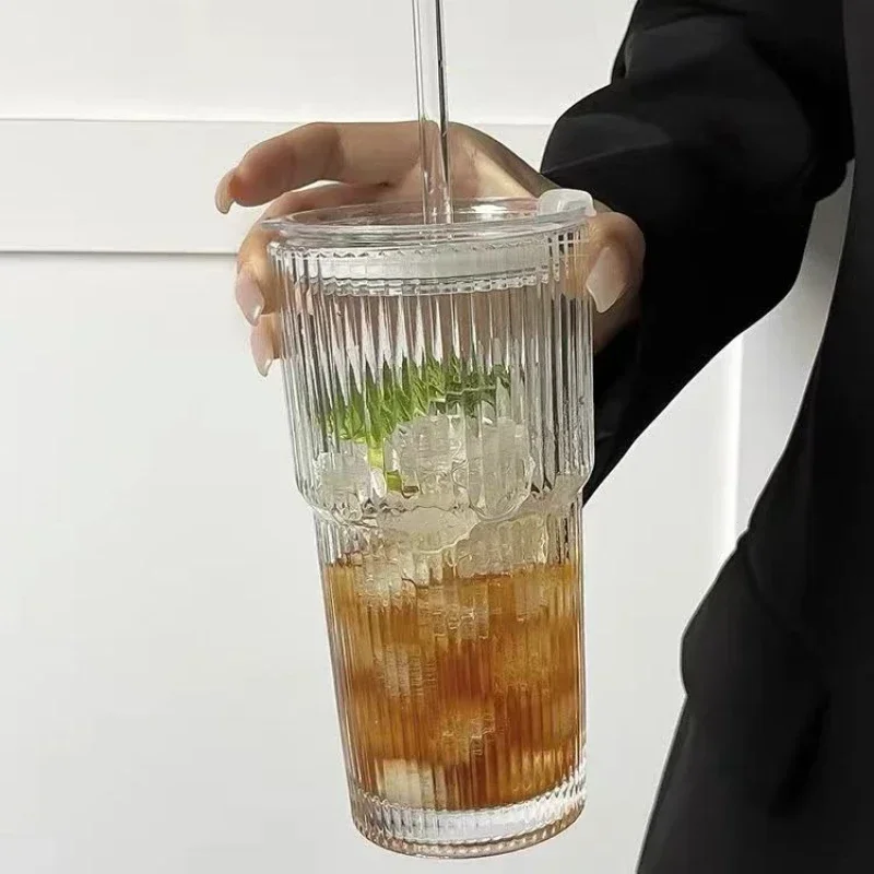 Large Capacity Vertical Striped Glass Cup With Lid And Straw Cold Drink Mug For Juice Coffee Iced Beverage Drinking Tumbler