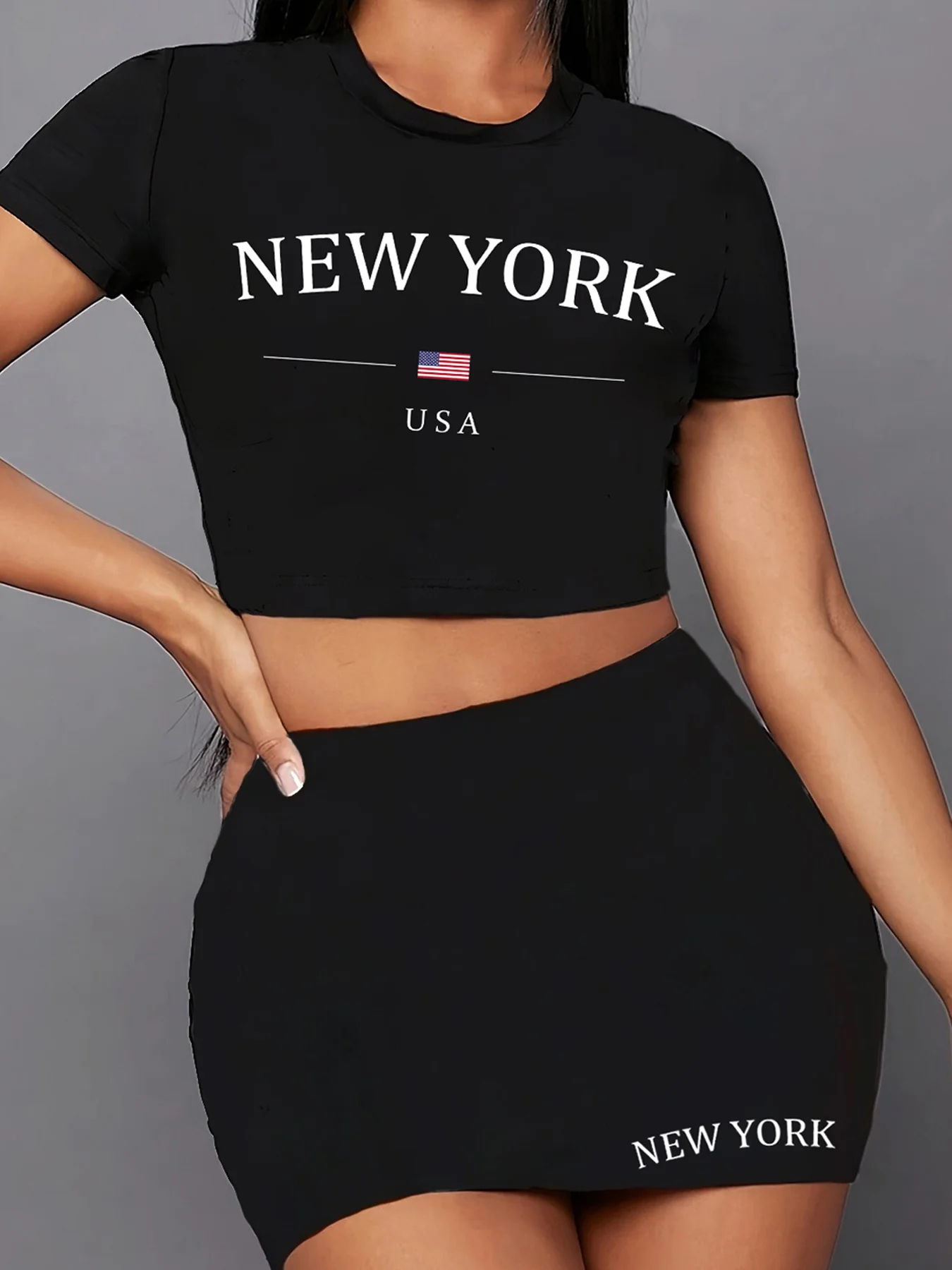 Usa New York America Letter Print Two Piece Set, Short Sleeve Round Neck T-shirt & Skirts, Women's Clothing