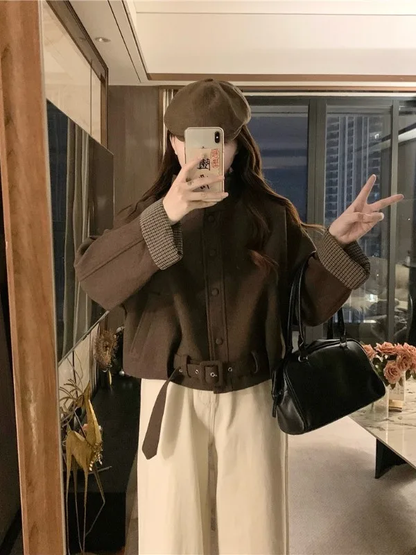 

plus Size Winter Woolen Jacket Korean Style Loose Fit Plaid Splicing Stand Collar Slimming Design Women's Commute Outerwear