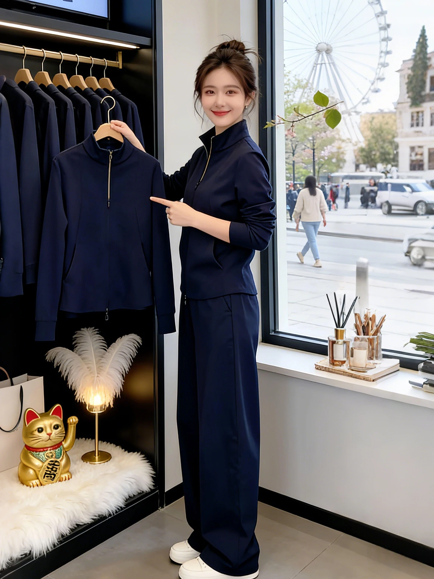 

Fashionable Commuter Style Women's Slim Fit Two-Piece Set with Stand Collar Open Cardigan And Casual Pants Spring 2026