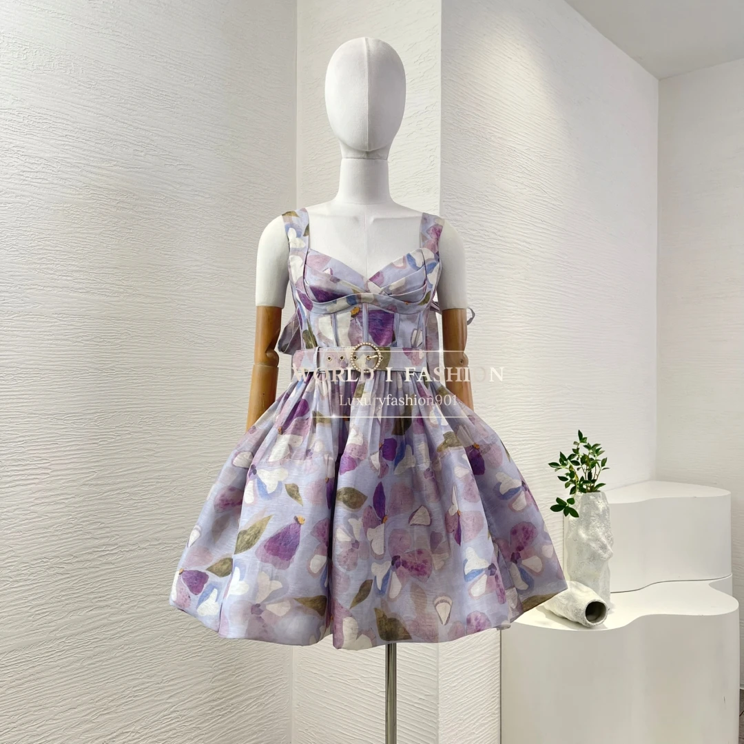 

Linen and Silk Violet Purple Lilac Flower Print Sleeveless Backless Mini Dress 2025 High Quality