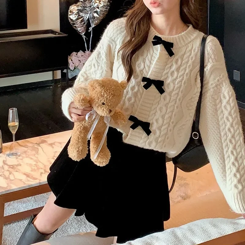 

Spring Autumn Outerwear Retro Fragrance Sweet Style Women's Knitted Sweater with Braided Design And Bow Tie Soft French Style