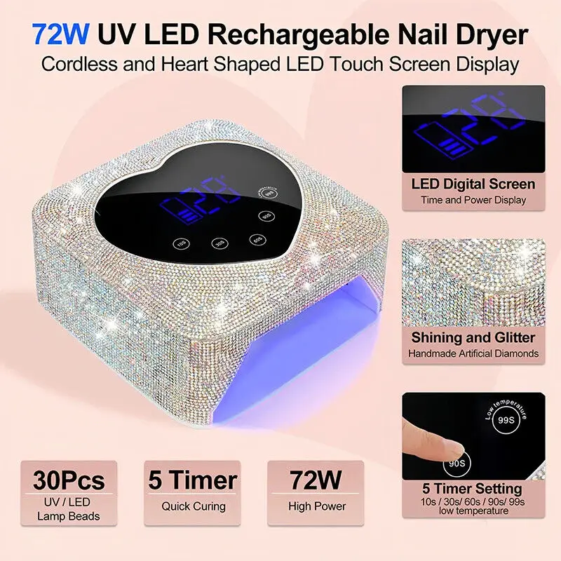 30 LED UV LED โคมไฟเล็บ 72W ไร้สาย UV Light Rhinestone หัวใจเพชรเจลเครื่องเป่าเล็บสําหรับเล็บเครื่องมือ