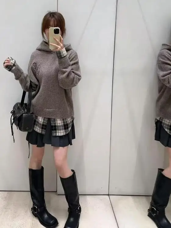 

Autumn Winter Women's Knitted Hat Sweatirt Embroidered Fake Two-Piece Patchwork Southern id Pattern Long Sve Warmth He...