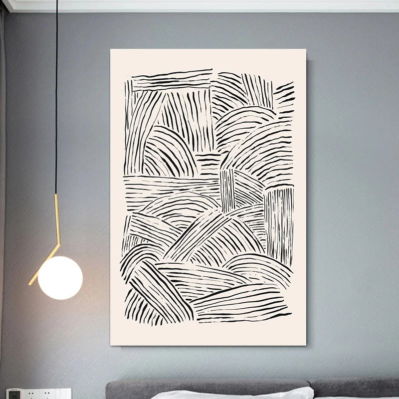 Minimalist Paint Strokes Abstract Wall Art Print Black and Beige Line Scribbles Poster Mid Century Brush Geometric Picture Decor - view 5