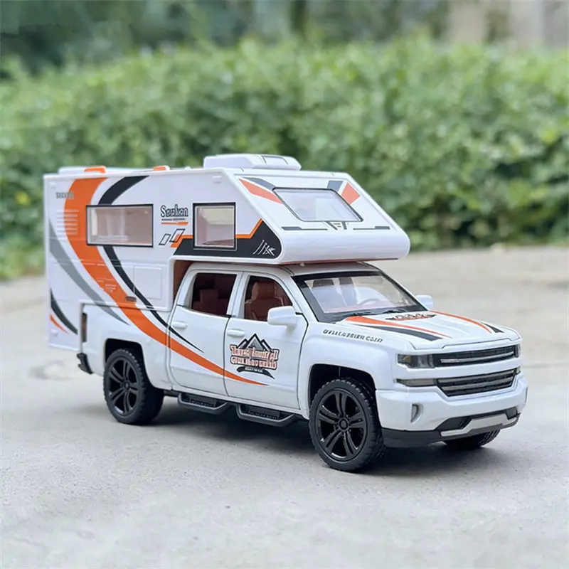 

1:32 Silverado Pickup RV Recreational Vehicles Model Diecast Camper Van Motorhome Touring Car Model Sound and Light Kid Toy Gift