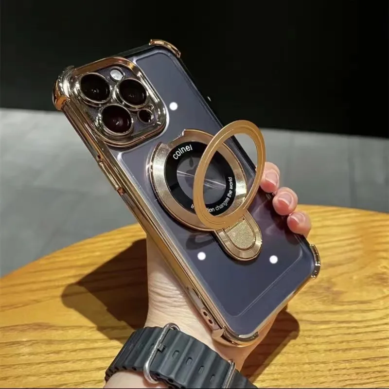 

The electroplated mobile phone case compatible with the IPHONE16PRO/16E/15pro max/14plus phone shell with magnetic stand 4airbag