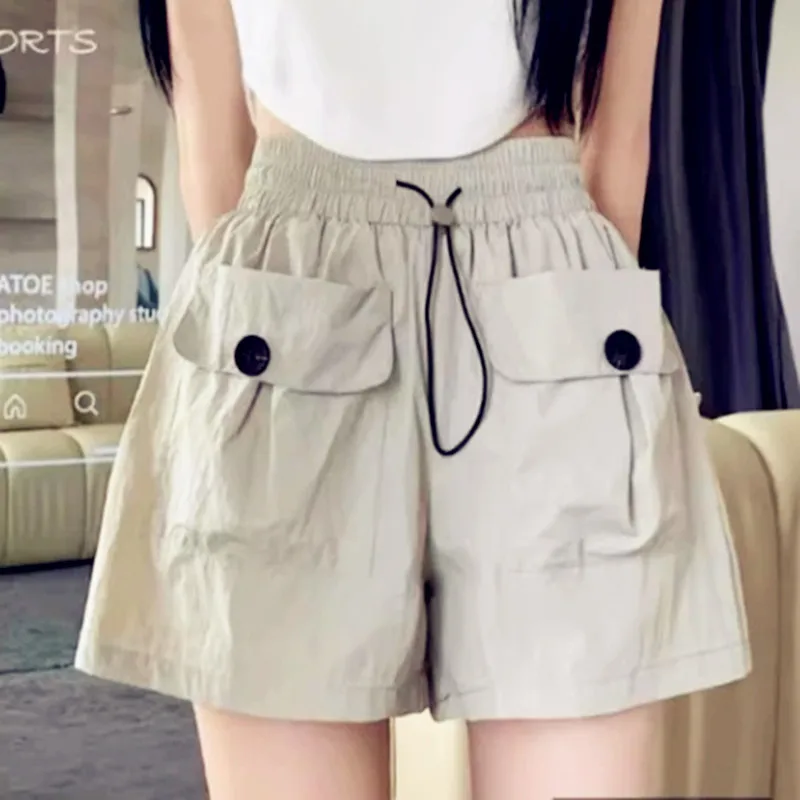 

Summer Women Shorts Sport Pockets Cargo Short Fashion Button Safari Ruffles Hole Trouser Slim Loose Casual Shorts