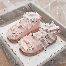 Princess Girls leather shoes Lace Round Toe shoes Cute Baby leather shoes Bar Flats Mary Jane Shoes Bow Lolita Single Shoes Teen