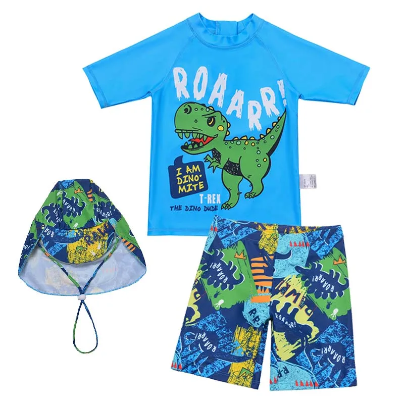 

3pcs Children'S Summer Short Sleeved Cartoon Dinosaur Print Swimsuit Short Pants Hat three Piece Set Bathing Suits