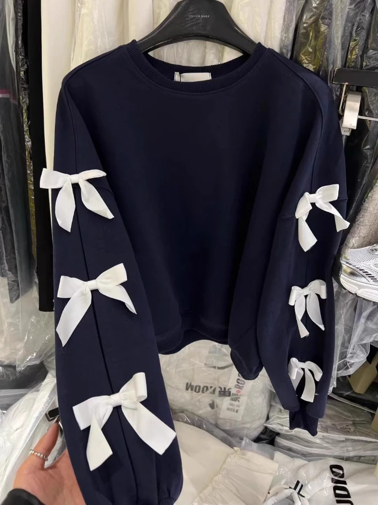 2025年韓国風レディースフーディー、オーバーサイズボウノットスウェットシャツ、キュートカジュアルプルオーバートップス、女性用秋Y2Kストリートウェア
