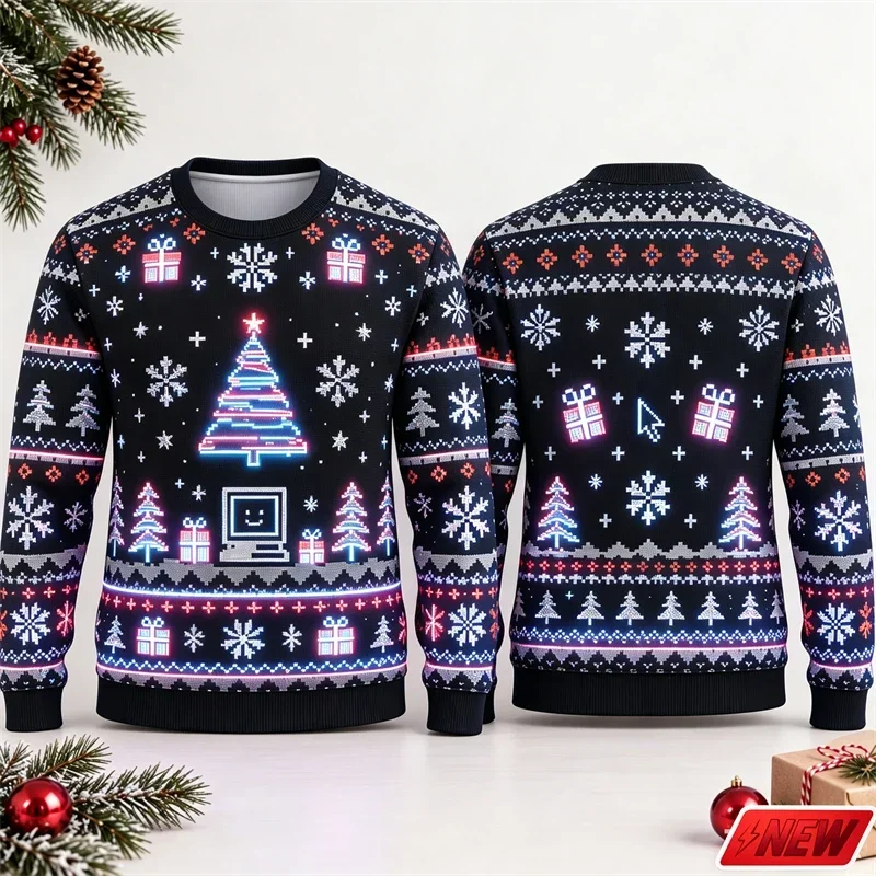 Ugly Christmas Neon Pixel Christmas Tree All Over 3D Print Long Sleeve Shirt Unisex, Retro Computer Xmas Crew Neck Party Top