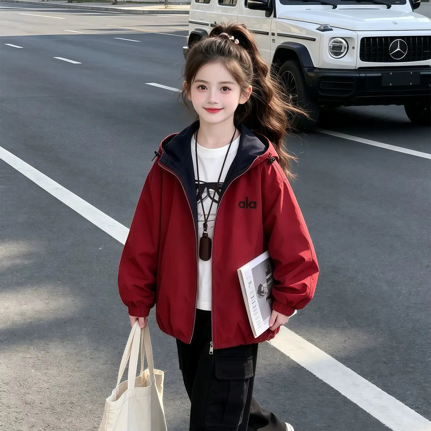 Girls 2026 Autumn Spring Casual Reversible Hooded Zipper Jacket 5-14 Years Teenage Kids Trendy Outfits Tops Clothes
