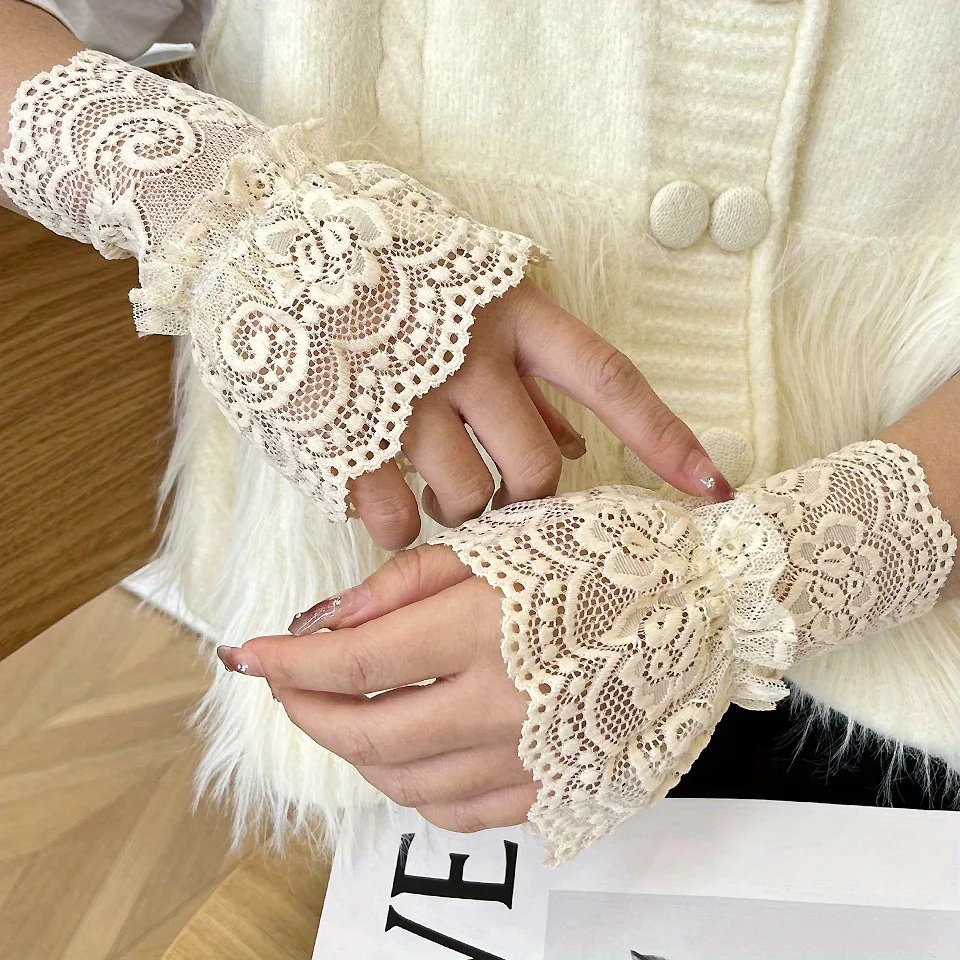 1 Paar Spitzen-Hohlarmbänder für Damen, Handgelenkabdeckungen mit Spitzenbesatz, dehnbares Blumenmuster, für Partys, Hochzeiten, formelle Veranstaltungen – Detail 3