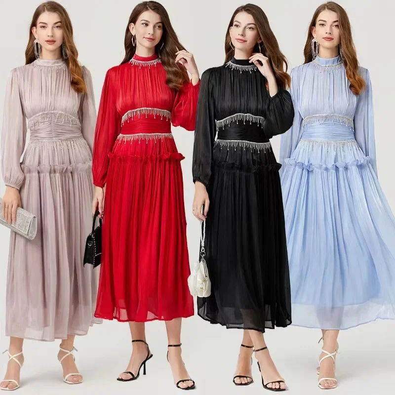 

French Designer Fashion Women Organza Stand Collar Party Dress Luxury Spring Diamonds Tassel Ruffles Puff Sleeve Slim Midi Dress