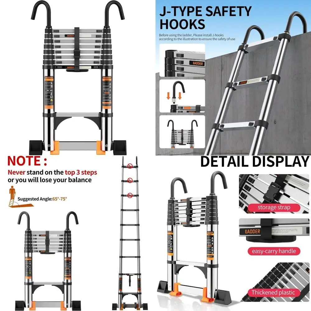 سلم تمديد عالي التحمل بطول 8.5 قدم مع خطاف ثابت وقضيب تثبيت، سعة 330 رطل، سلم تصغير متعدد الأغراض للخارج #1