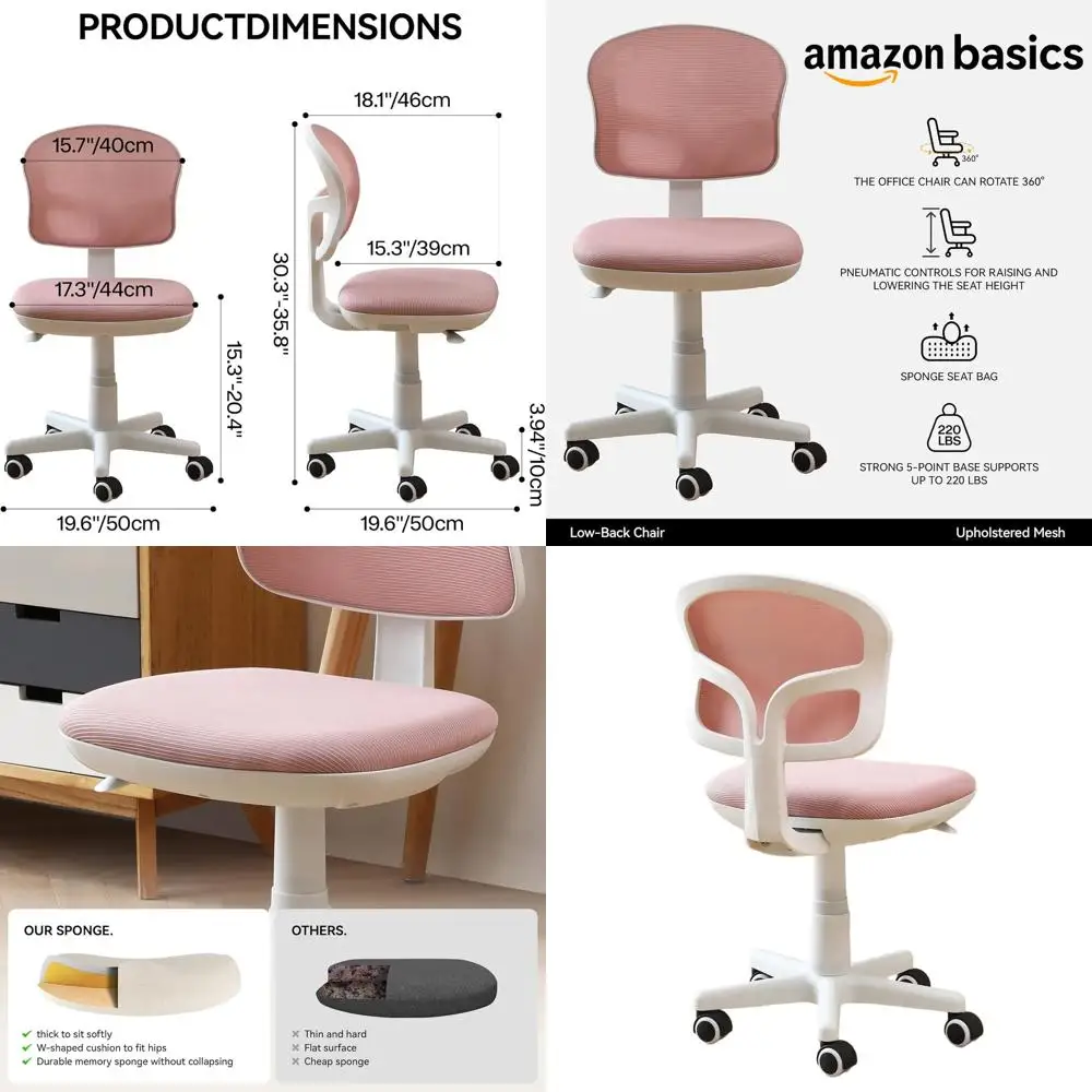 

Ergonomic Swivel Chair with Wheels and Lumbar Support for Small Spaces: Pink Low-Back Desk Chair for Home Office, Bedroom, Study