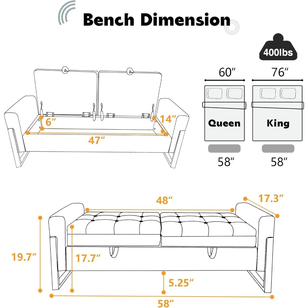 Banco de armazenamento de 67" para quarto, banco de cama king size de veludo com tampas duplas e pernas douradas, banco otomano de armazenamento