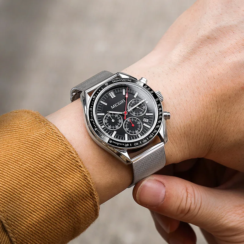 MEGIR 8105 Men's Fashion Quartz Watch Multifunctional Chronograph Calendar Stainless Steel Strap Sport Luminous Business Watches