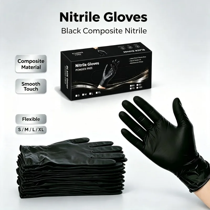 90PC Black Disposable Composite Nitrile Gloves. They Fit Snugly On The Hands And Are Easy To Wear For Various Tasks Such