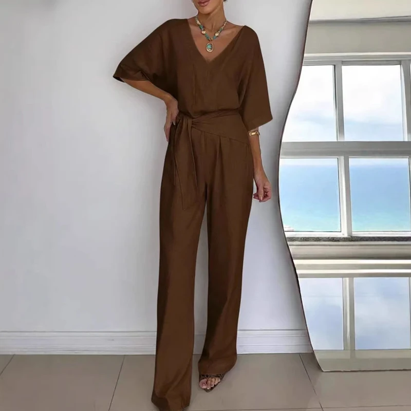 

Элегантный женский комбинезон с высокой талией, повседневный, с V-образным вырезом, рукавом до локтя, широкими штанинами, летний, однотонный, на завязках, для офиса