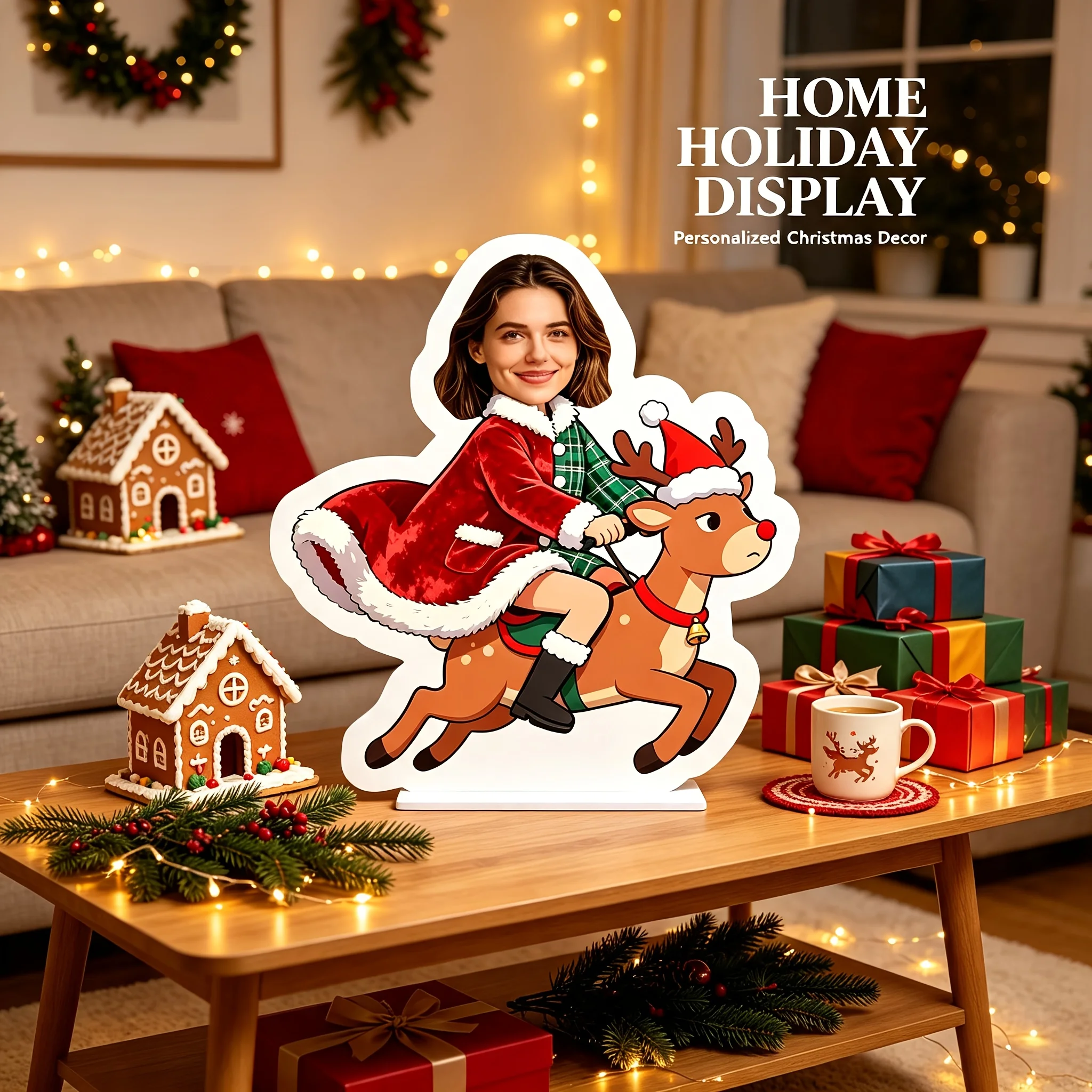 Custom Christmas Reindeer Face Pillow DIY Photo Cushion 2D Printed Plush Toy Funny Santa Hat Red Nose Decorate Girl Adults Gifts