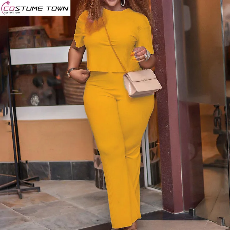 

Summer new European and American style women's clothing pit stripe solid color short sleeved top+casual pants two-piece set
