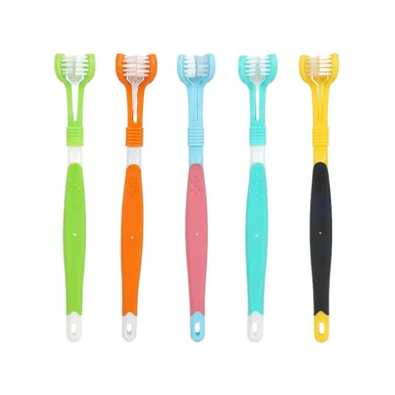 Three Sided Pet Dental Toothbrush Soft Bristles Non Slip Handle For Dogs Cats
