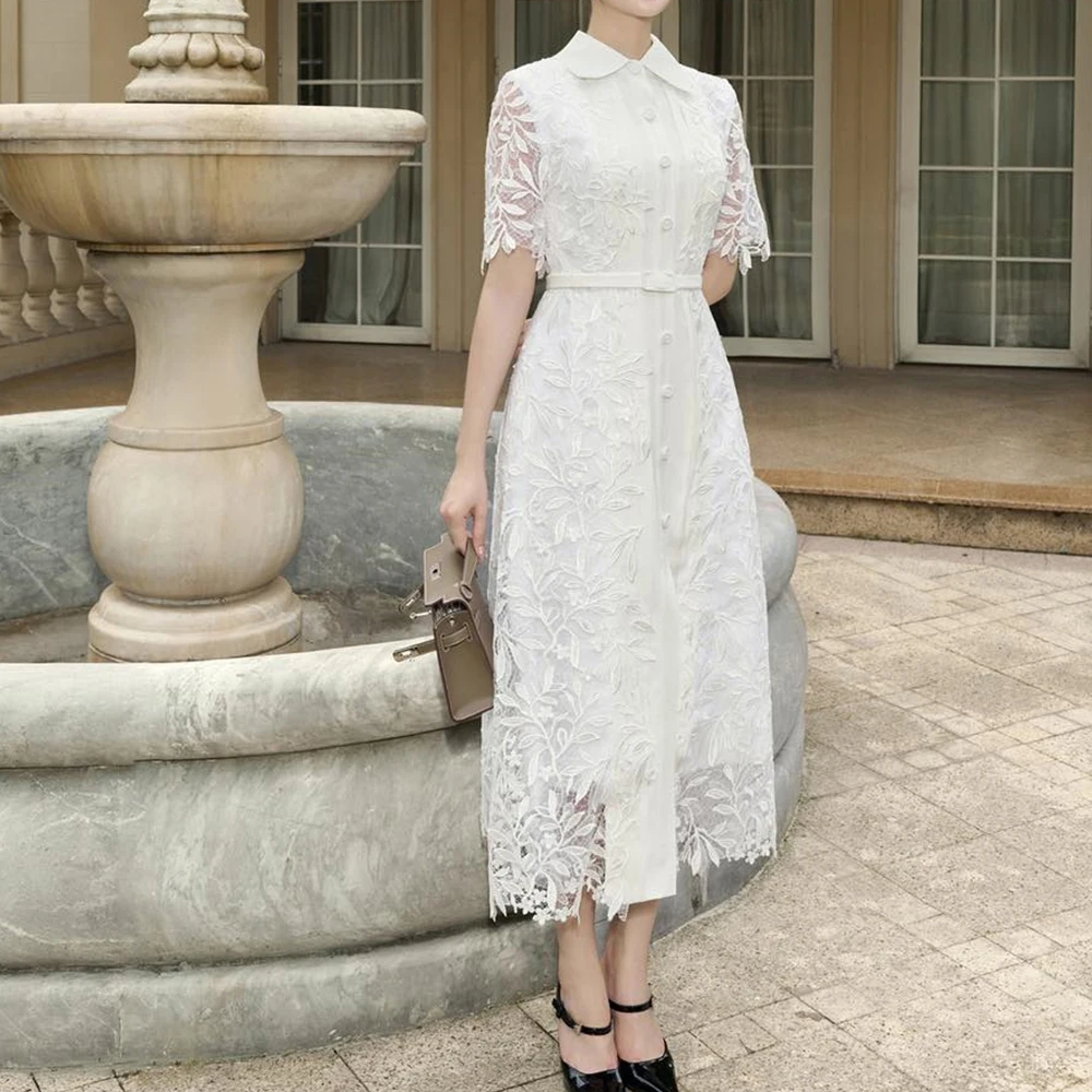 

CustomizedBespoke Elegant Party Evening Dresses Woman High Collar Ankle Length Sashes Appliques Lace Solid Color Straight Short