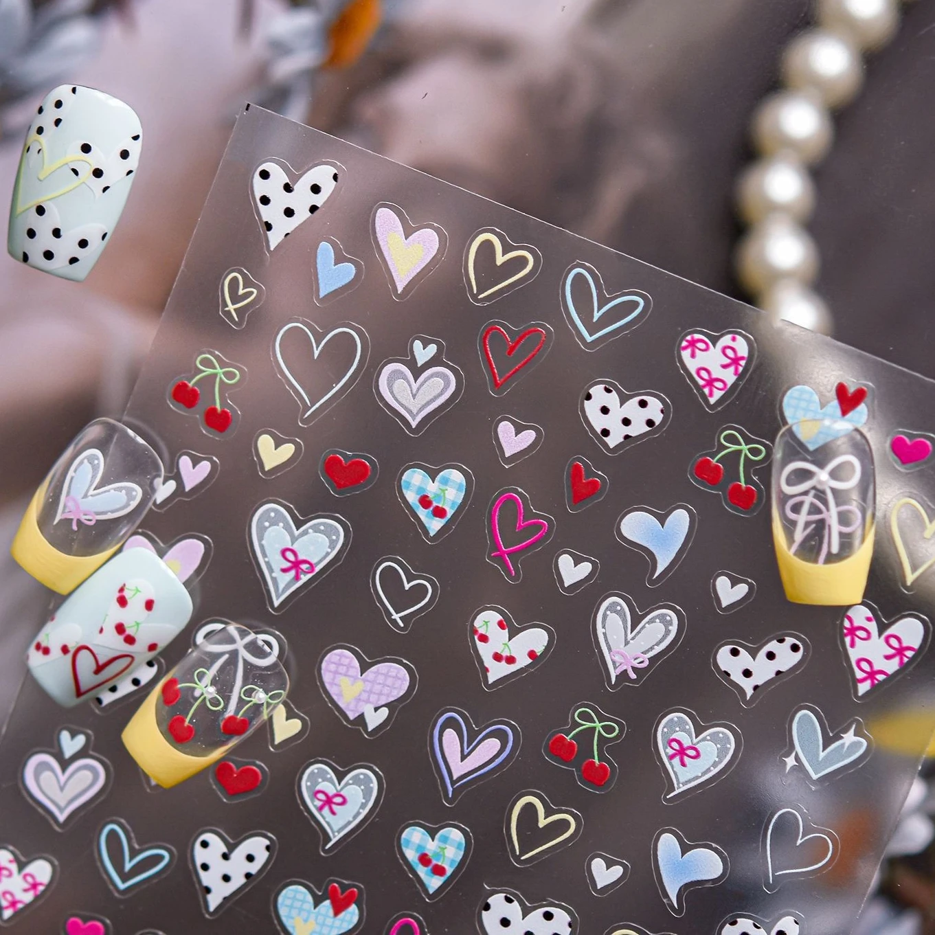 Autocollant de manucure Chic, cœur d'amour, nœud papillon, pois, ligne Simple, cerise, rétro, imprimé léopard, Graffiti coloré, étoile, Nail Art