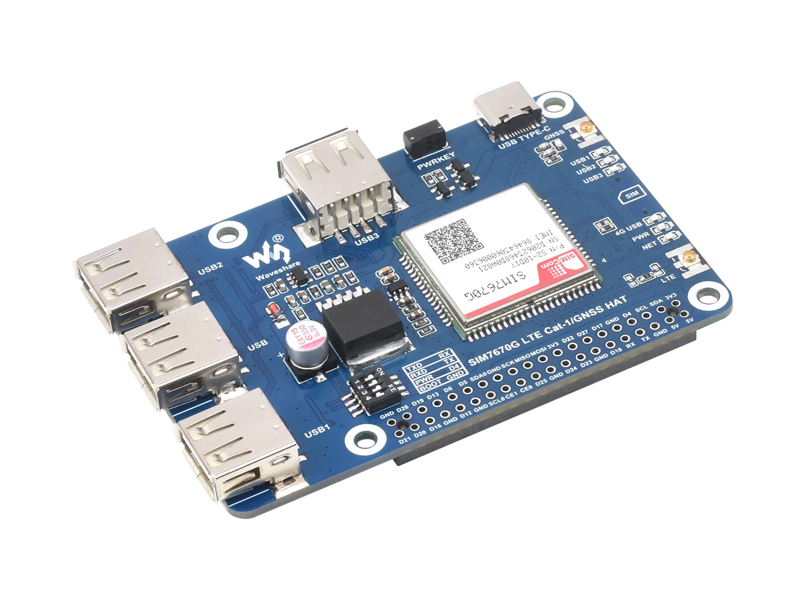 Cat-1/GNSS HAT for Raspberry Pi, Based On SIM7670G module, Global Multi-band LTE 4G Cat-1 support, GNSS positioning, 3x USB 2.0