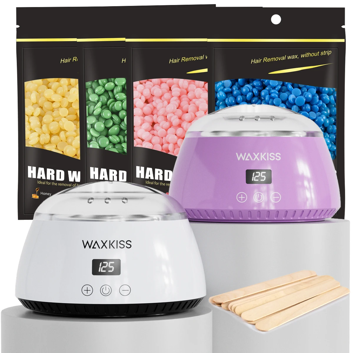 WAXKISS 15Pcs Wax Warmer Kit Digital Touch Control Heater with 4×100g Hard Wax Beans & 10pcs Sticks Home Hair Removal Set
