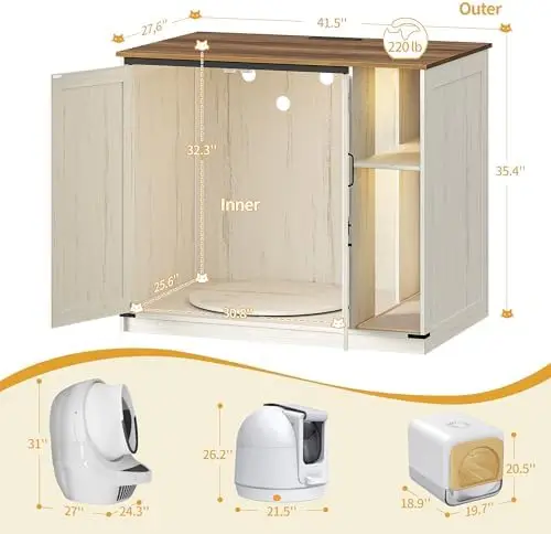 Large Cat Litter Box Enclosure, Self-Cleaning Litter Box Furniture | Hidden Litter Box with Rotating Stand, Farmhouse