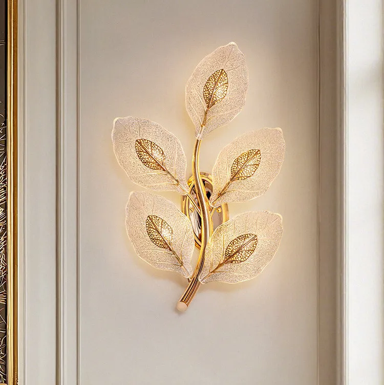 

French Light Luxury Glass Texture Leaf Wall Light Modern Lamp for Living Room TV Background Hotel Hallway Bedroom Bedside
